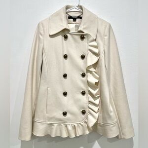 DKNY Women’s Jacket Cream Beige Ruffled Edge Short Wool Blend Pea Coat Size 8